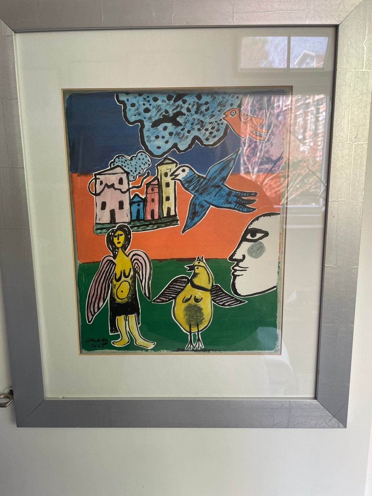 Corneille - Kleurrijke Zeefdruk 'Vrouw, Vogel en Stad' (2001, Figuren, Papier/karton, Achter glas, Zeefdruk