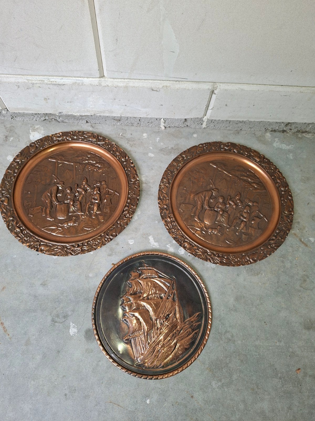 Set van 3 koperen wanddecoraties met reliëf, Ophalen of Verzenden