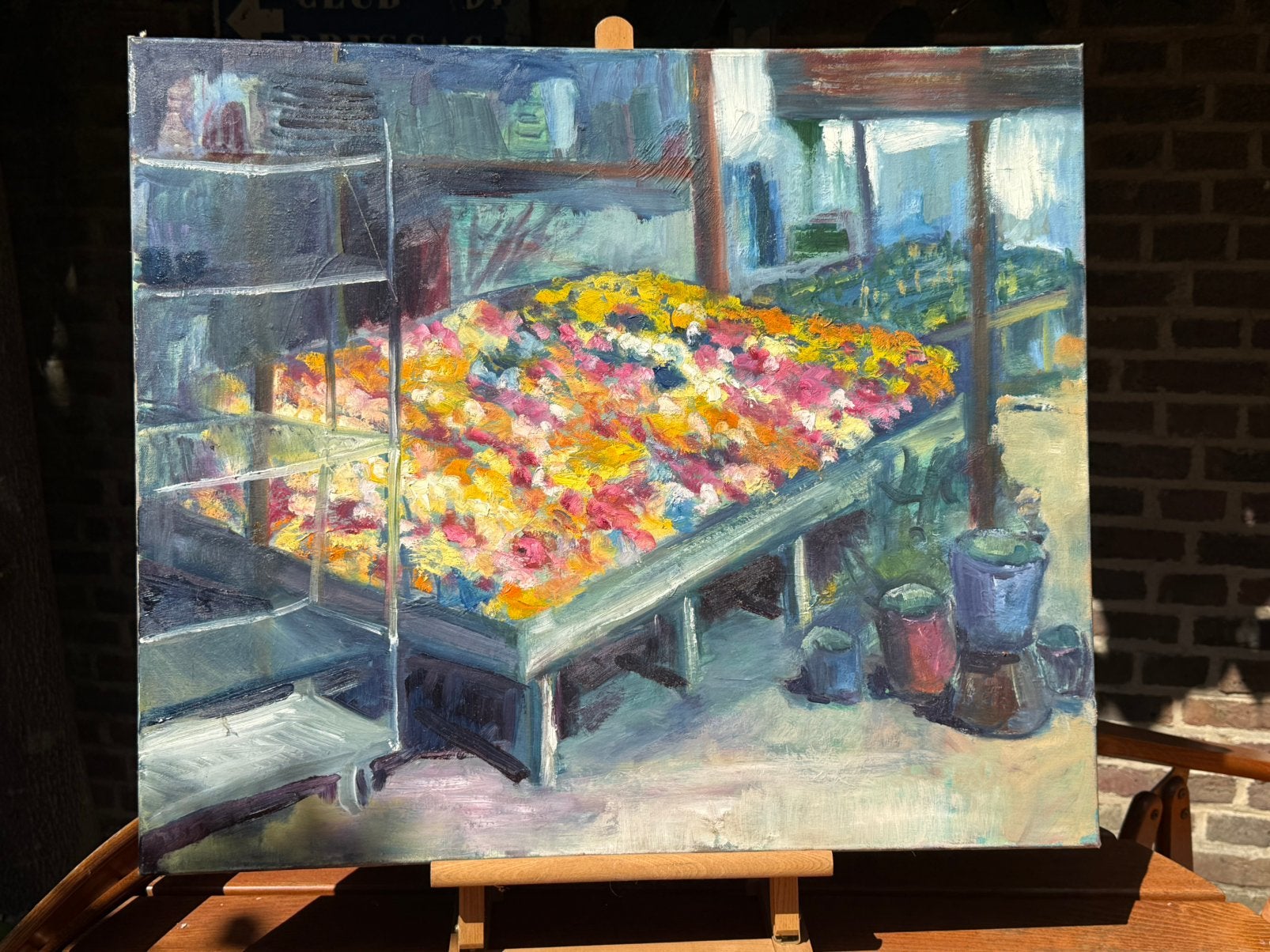 Olieverf bloemenkraam 60x70cm, Antiek en Kunst, Kunst | Schilderijen | Abstract, Ophalen of Verzenden