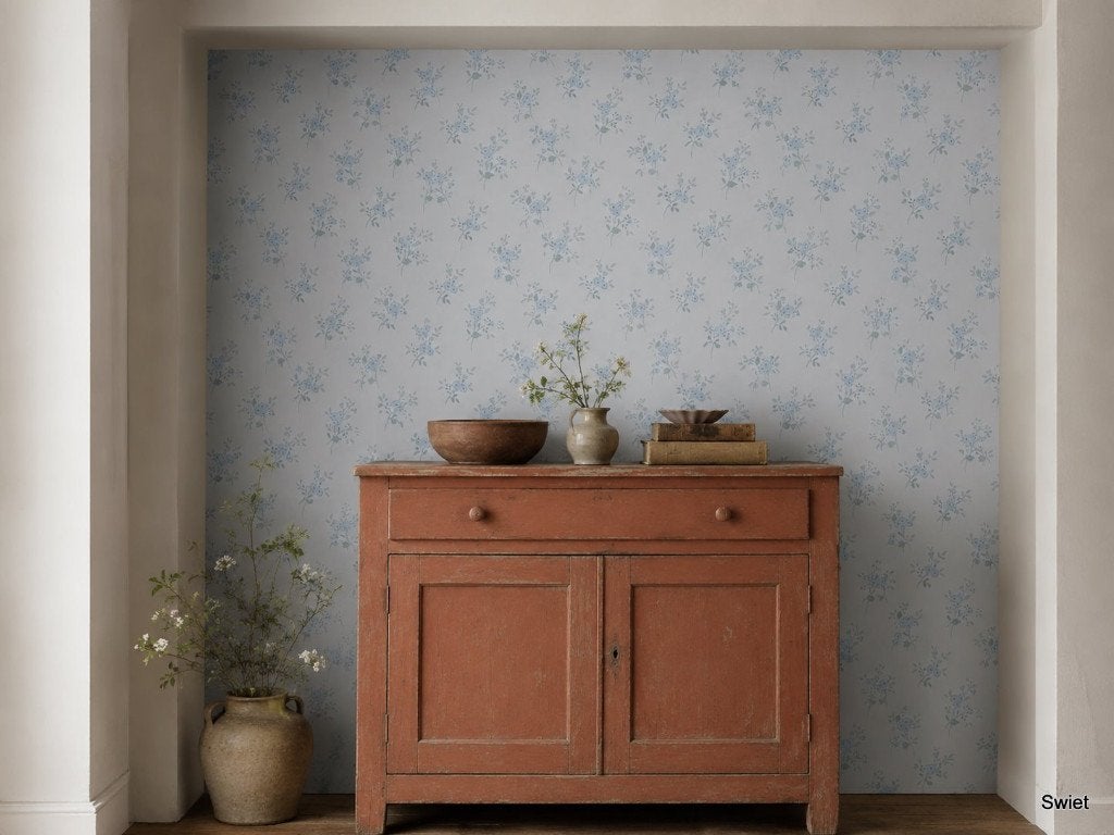 13892 Blauw bloemetjes behang met fijne takjes vintage swiet, Ophalen of Verzenden, Wit