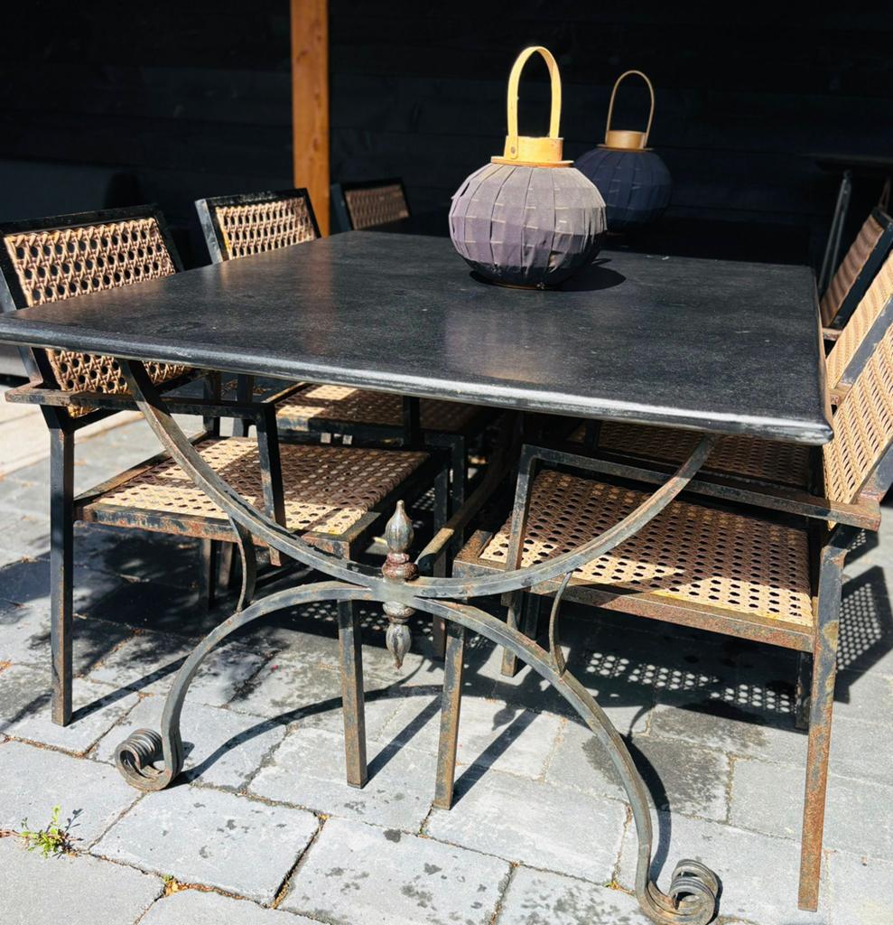 Buitenrafel chinees hardsteen (200x100x73) en 6 stoelen, Tuin en Terras, Ophalen of Verzenden, Zo goed als nieuw, Overige materialen