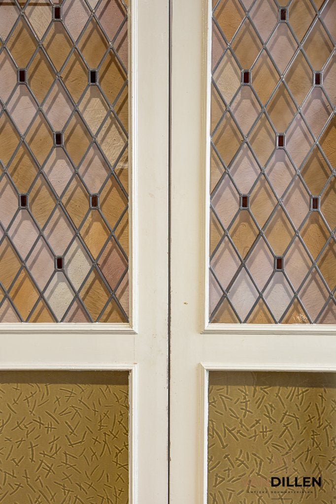 Antieke ensuite vouwdeuren erg hoog met glas in lood, 120 cm of meer, Binnendeur, Ophalen of Verzenden, 200 tot 215 cm