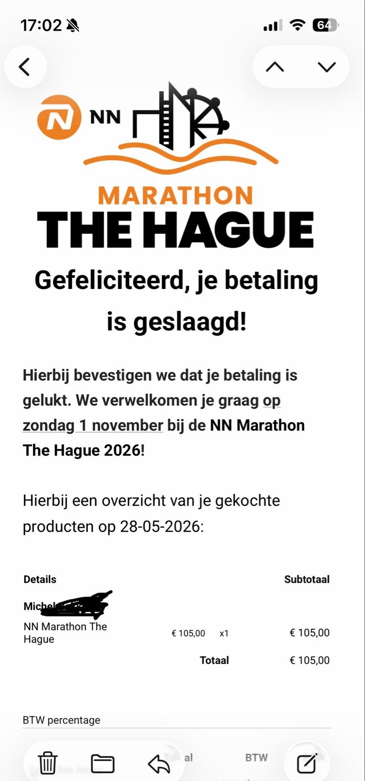 Startbewijs Marathon Den Haag, Eén persoon, Oktober