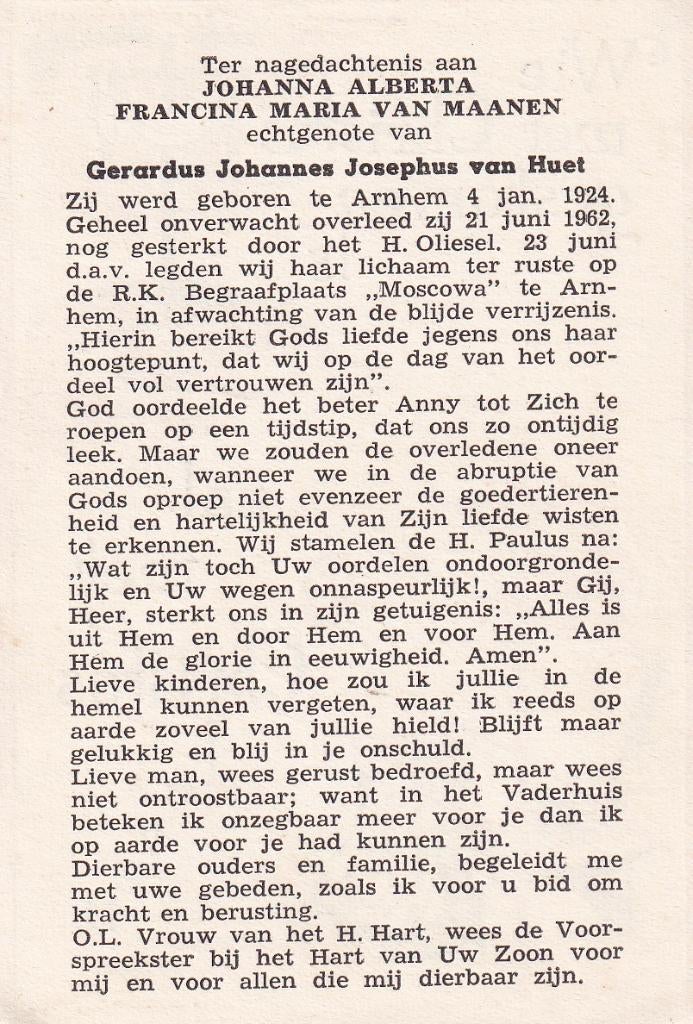 Maanen Johanna 1924 Arnhem 1962, Ophalen of Verzenden, Bidprentje
