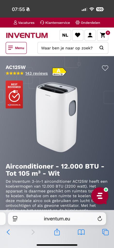 Inventum AC125W Mobiele Airconditioner 12.000 BTU - Wit, Ophalen, 3 snelheden of meer, Zo goed als nieuw, Koelen en Ontvochtigen
