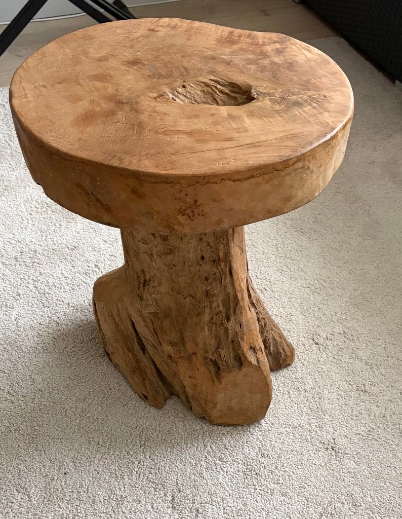 Massief teak houten bijzettafel, 45 tot 60 cm, Minder dan 55 cm, Rond, Ophalen of Verzenden