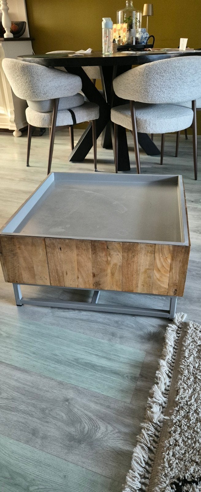 Salontafel grenen en metaal, Ophalen, Gebruikt, 50 tot 100 cm, Vierkant