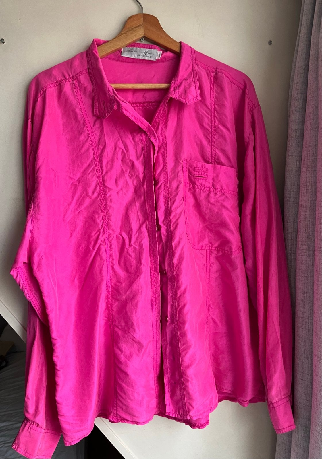 Vintage fuchsia retro blouse maat 42, oversized voor S/M, Ophalen of Verzenden, Gedragen, Maat 42/44 (L), Roze