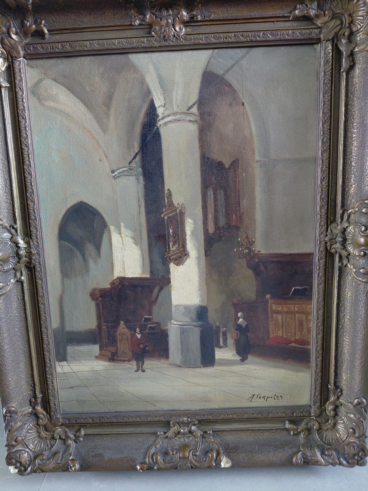 Antiek olieverfschilderij Kerkinterieur (1877) – Stijl Haags, Ophalen, Doek, Olieverf, Klassiek