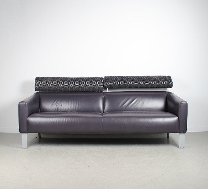 1x Leolux Patachou Bank + Hocker Paars Leer, Niet ingevuld, Gebruikt, 150 tot 200 cm, Niet ingevuld