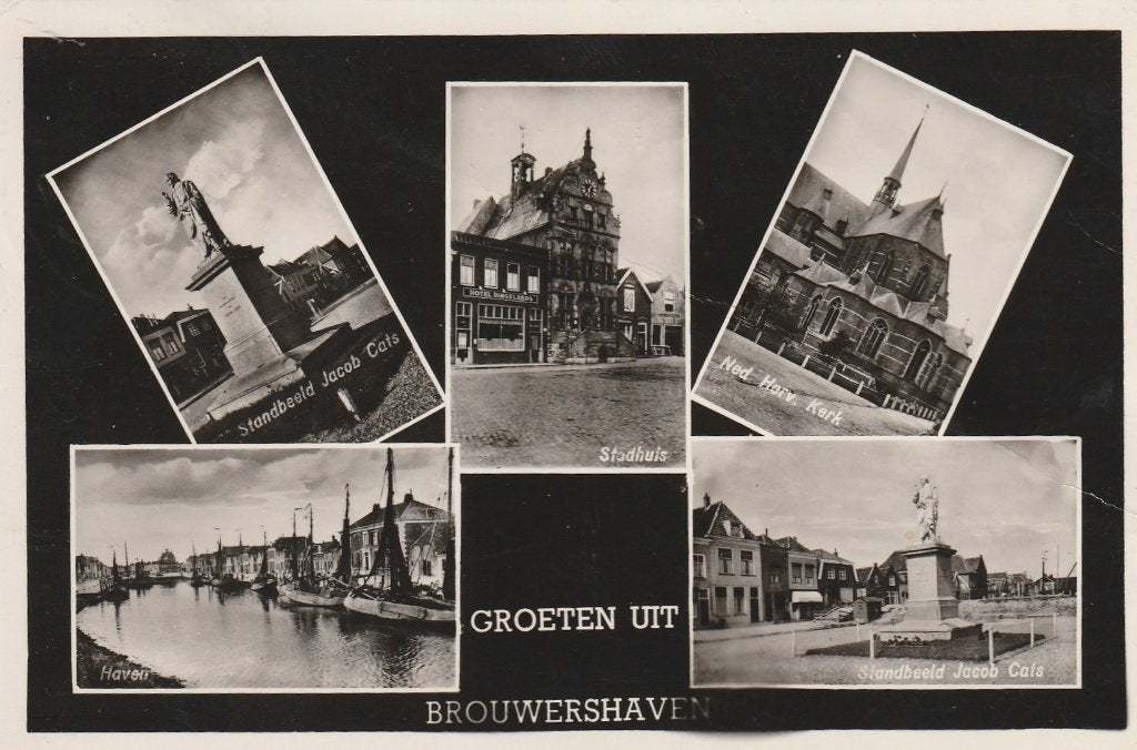 BROUWERSHAVEN Standbeeld Haven Kerk Stadhuis 1955, Verzenden, 1940 tot 1960, Gelopen, Zeeland