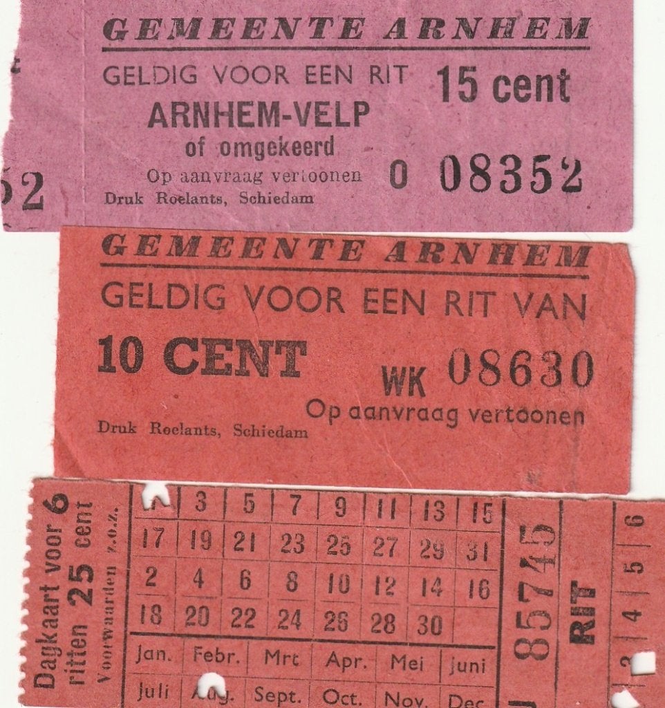 Drie oude vervoerkaartjes Gemeente Arnhem, Verzamelen, Verzenden, Gebruikt, Tram, Overige typen