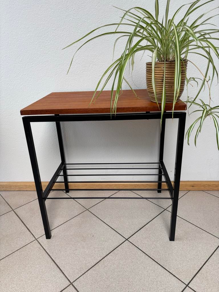 Mid century teak bijzettafel metalen frame- 60x40x61,5cm, Ophalen, Jaren 50 retro vintage, Gebruikt, On