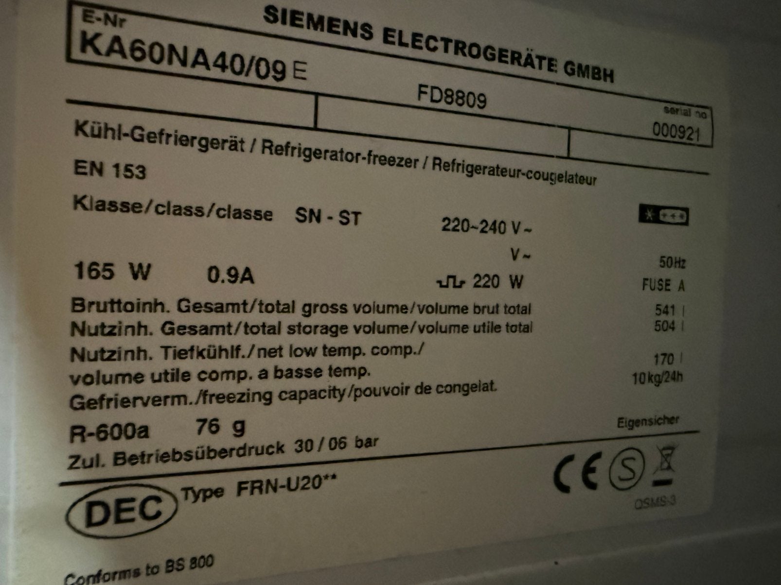 Siemen hooft printplaat, Zonder vriesvak, 200 liter of meer, Zo goed als nieuw, 160 cm of meer