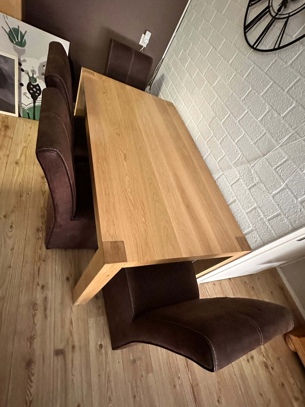 Eikenhouten eettafel met 4 bruine stoelen, Ophalen, Gebruikt, 100 tot 150 cm, Eikenhout