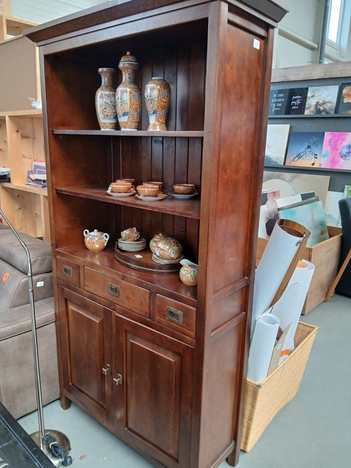Massief houten boekenkast/vitrinekast met lades, Ophalen, Gebruikt, 200 cm of meer, Met lade(s)