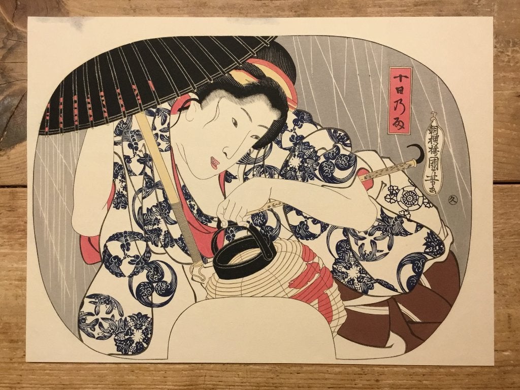 Japanse houtblok prent in waaiervorm, Antiek en Kunst, Wanddecoratie, Handgemaakt, Ophalen of Verzenden, Papier/karton