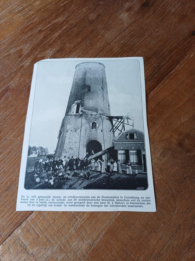 Knipsel molen Oosterwallen Culemborg 1909, Ophalen of Verzenden, Voor 1920, Knipsel(s)