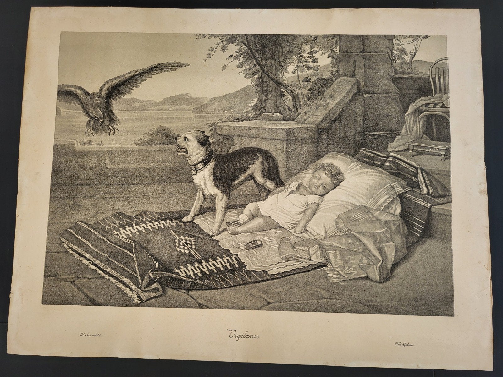 Antieke gravure "keeping Gard", Antiek en Kunst, Ophalen