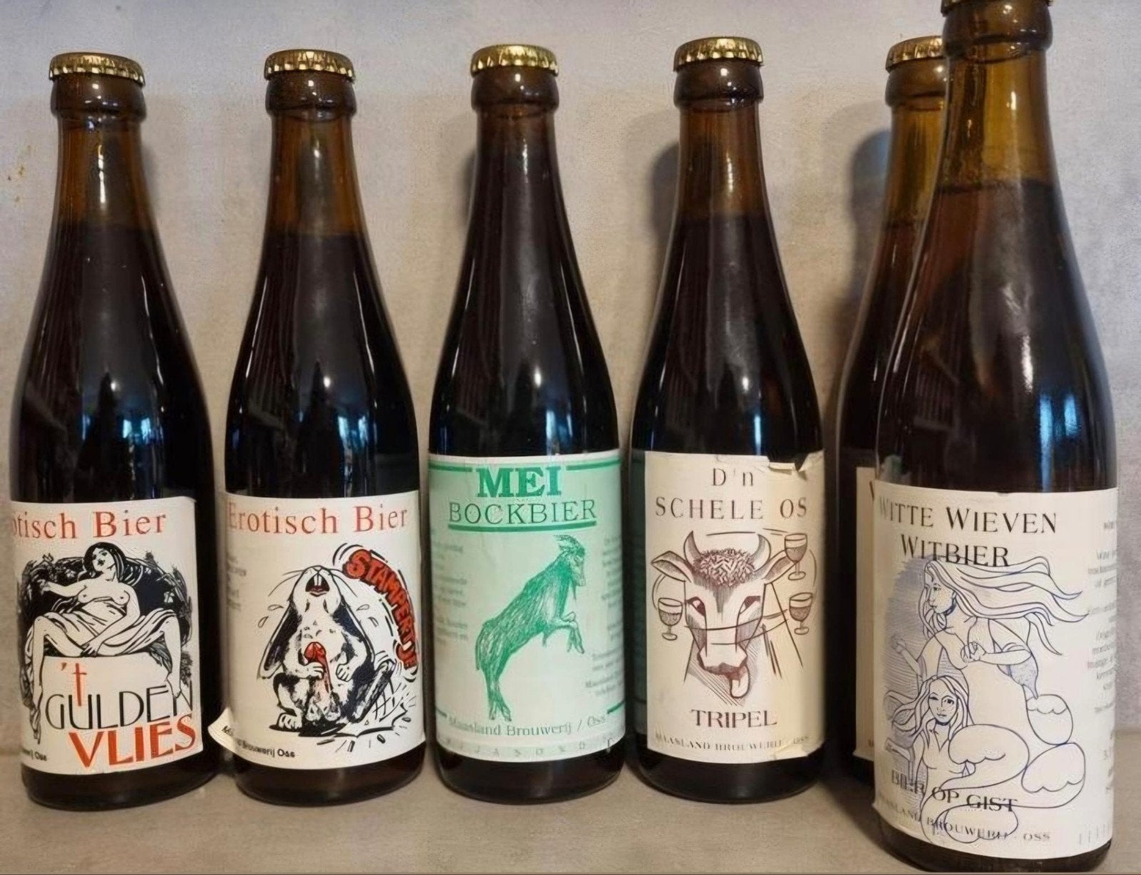 '92 set (+houder) van de gesloten Maasland Brouwerij, Ophalen of Verzenden, Zo goed als nieuw, Flesje(s), Overige merken