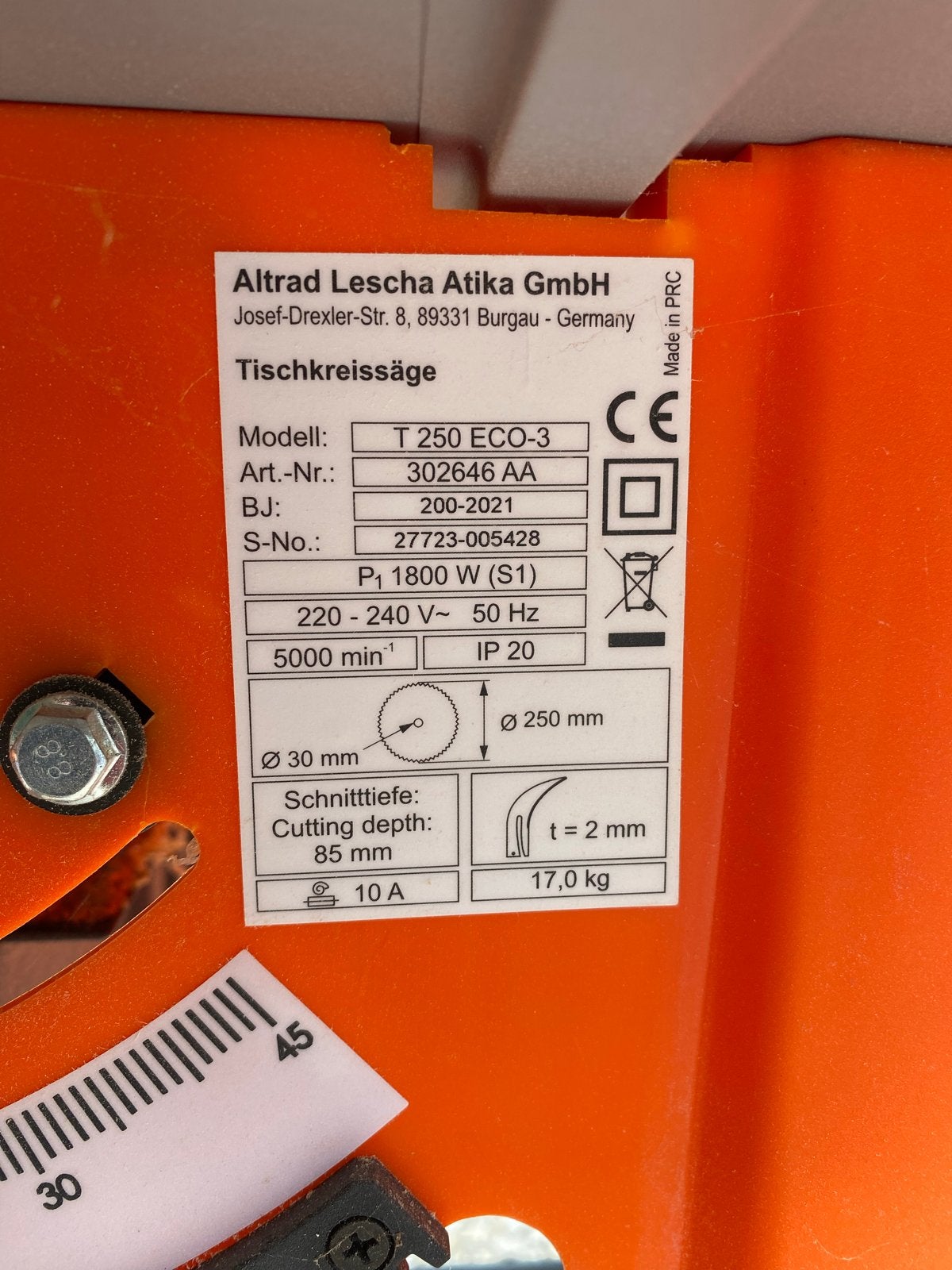 Atika T 250 ECO-3 Tafelcirkelzaag - 1800W, 85mm zaagdiepte, Ophalen, Cirkelzaag, 70 mm of meer, Zo goed als nieuw