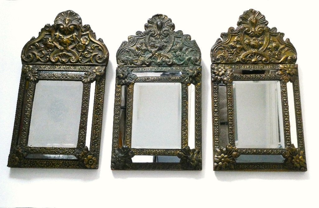 Set van 3 antiek koperen spiegel - drieluik ( Oud Hollands), Ophalen of Verzenden, Overige vormen, Minder dan 50 cm, Minder dan 100 cm