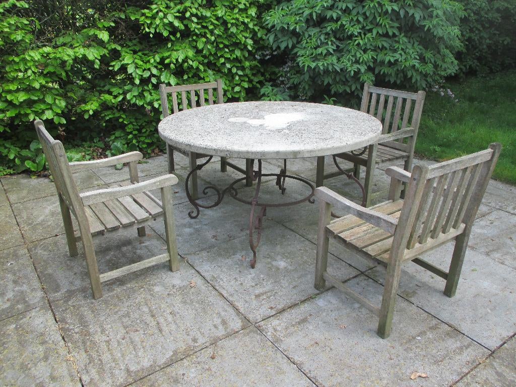 Natuurstenen buitentafel met 4 stoelen, Ophalen, Gebruikt, Rond, Overige materialen