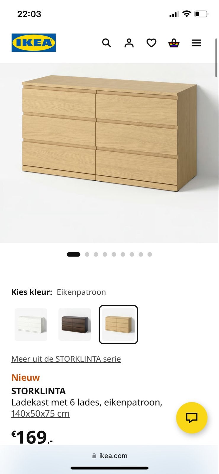 IKEA STORKLINTA ladekast eikenpatroon 140x50x75 cm, Huis en Inrichting, Ophalen, Gebruikt, 100 tot 150 cm, 5 laden of meer