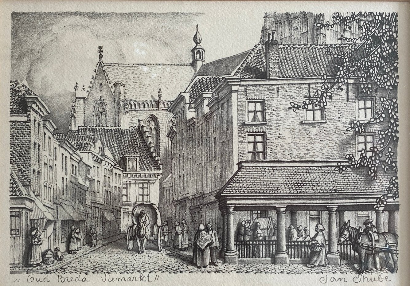 Jan Strube - Lithografie Oud Breda Vismarkt - Gesigneerd, Gesigneerd, Ophalen, Landschappen, Lithografie