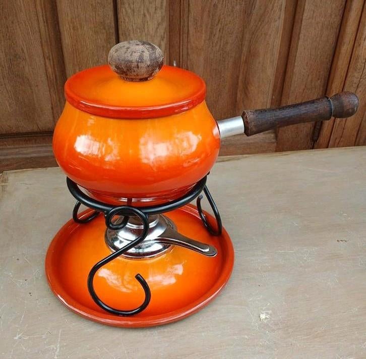 Vintage Oranje Fonduepan met Brander en Onderstel, Witgoed en Apparatuur, Fonduesets, Ophalen of Verzenden, Gebruikt, Brander