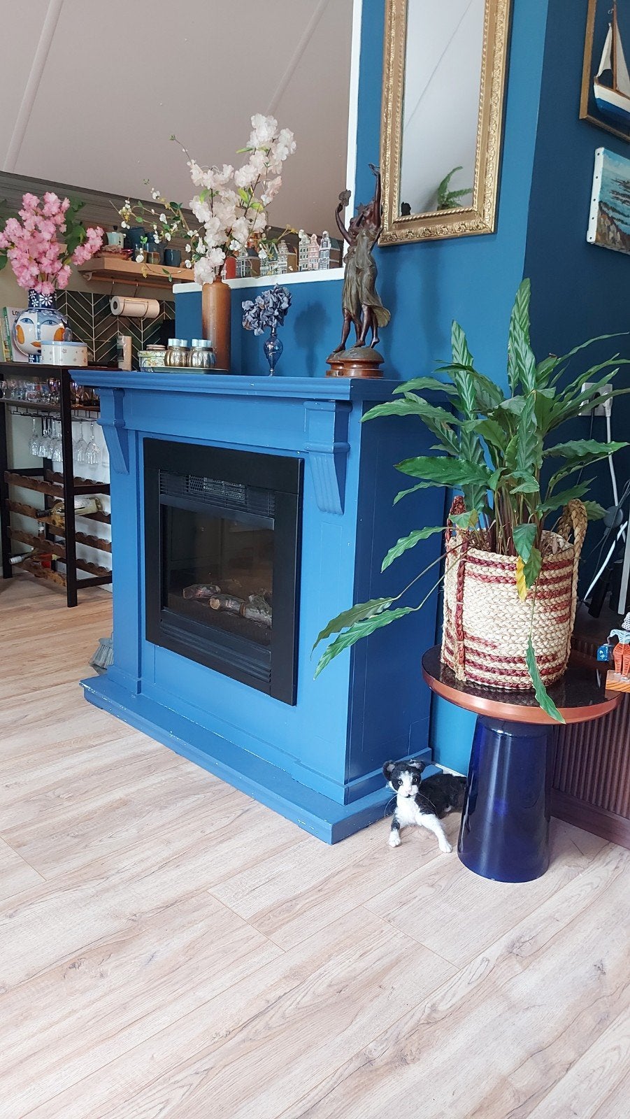 Elektrische haard met blauwe schouw. Gratis, Ophalen of Verzenden, Gebruikt, Vrijstaande haard, Elektrische haard