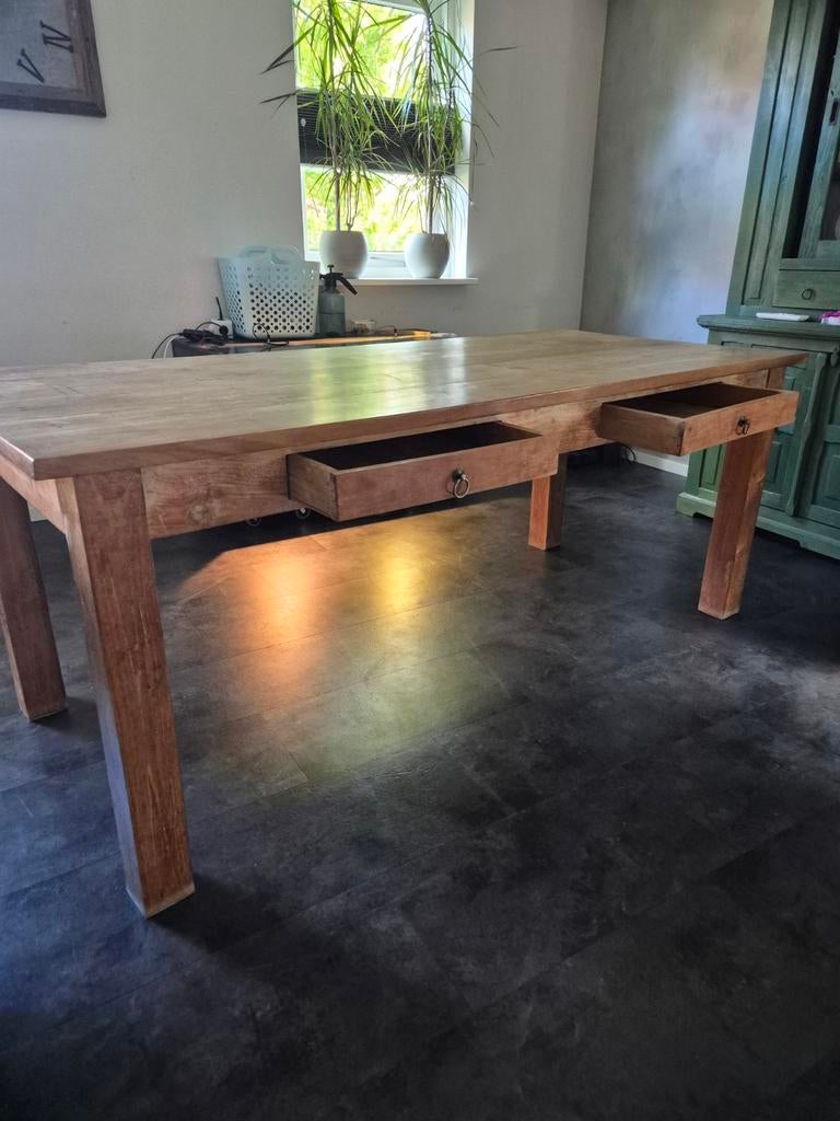 Robuuste teak houten tafel met lades hxbxl 80cm X 90cm X 200, Antiek en Kunst, Antiek | Meubels | Tafels, Ophalen