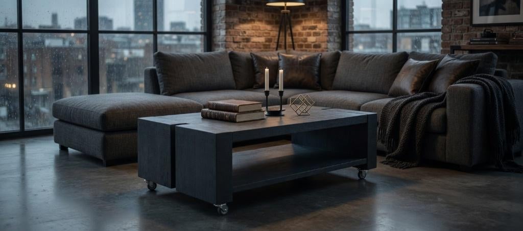 Stoere antraciet salontafel, Huis en Inrichting, Tafels | Salontafels, 100 tot 150 cm, Industrieel modern, Zo goed als nieuw, Minder dan 50 cm