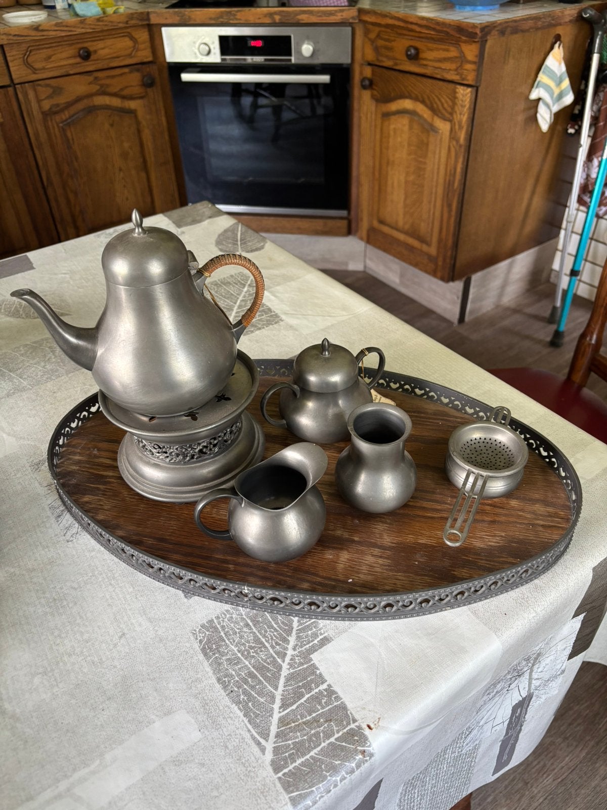 Tinnen koffieservies op dienblad, Antiek en Kunst, Ophalen