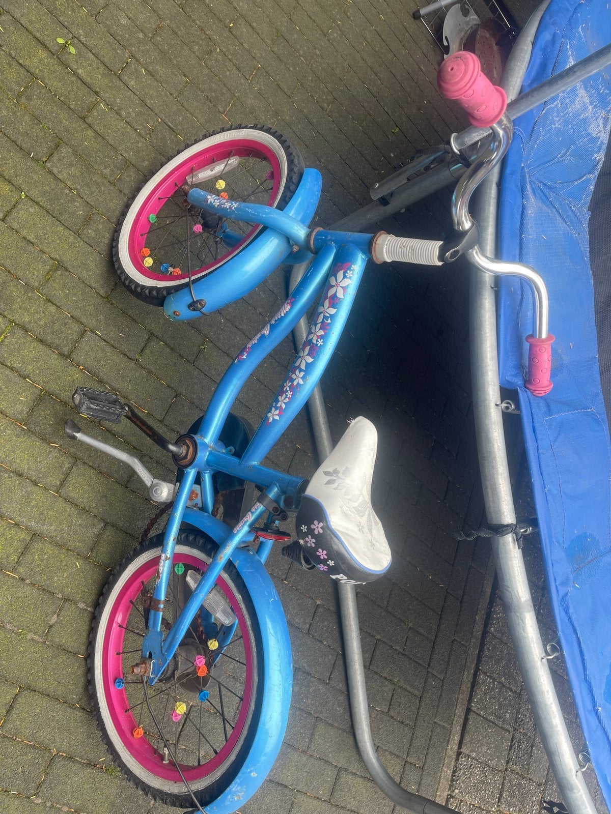 Popal kinderfiets 16 inch - Blauw met bloemen, Ophalen of Verzenden, Gebruikt, Terugtraprem, 16 tot 20 inch