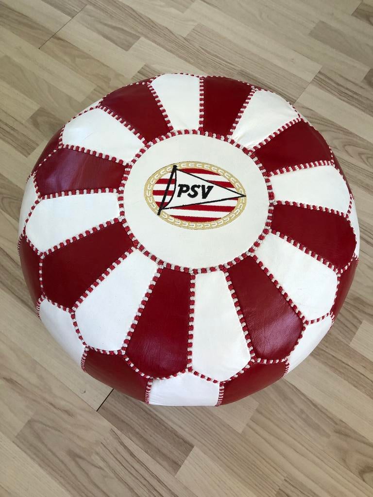 Lederen PSV poef - Handgemaakt en uniek, Ophalen, PSV, Rond, Zo goed als nieuw
