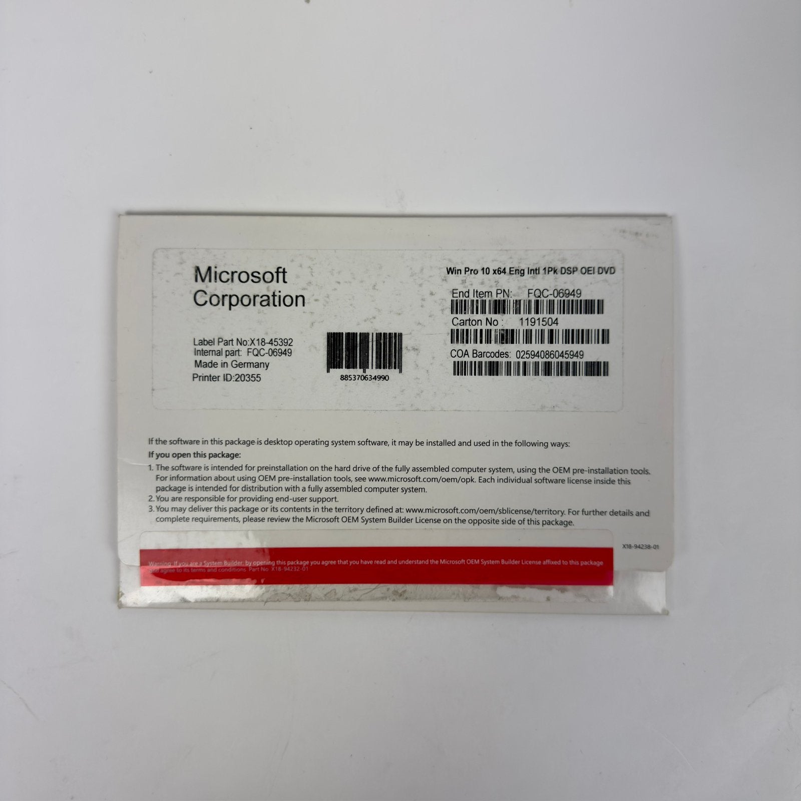 Microsoft Windows 10 Pro Full Version OEM DVD 64-bit Engels, Computers en Software, Besturingssoftware, Gebruikt, Windows, Ophalen of Verzenden