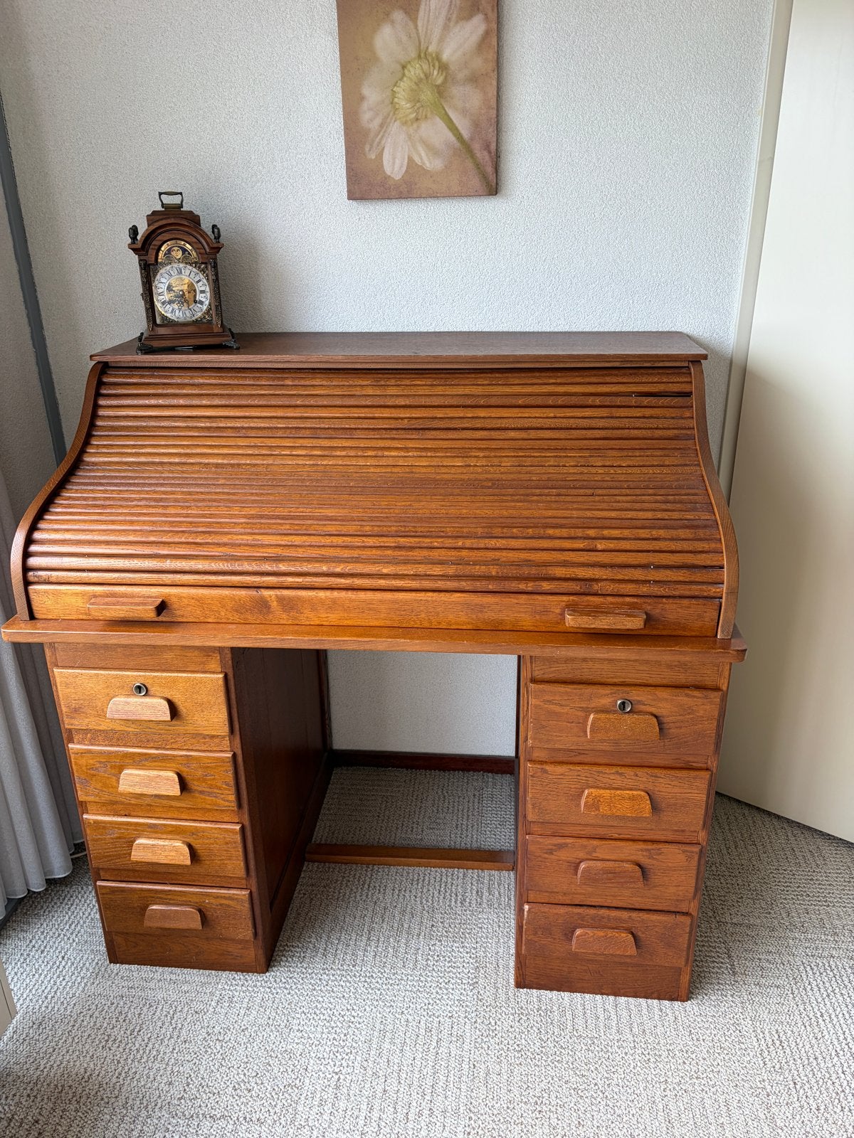 Antiek rolluikbureau van massief hout, Huis en Inrichting, Ophalen, Gebruikt, Secretaire, 74 cm