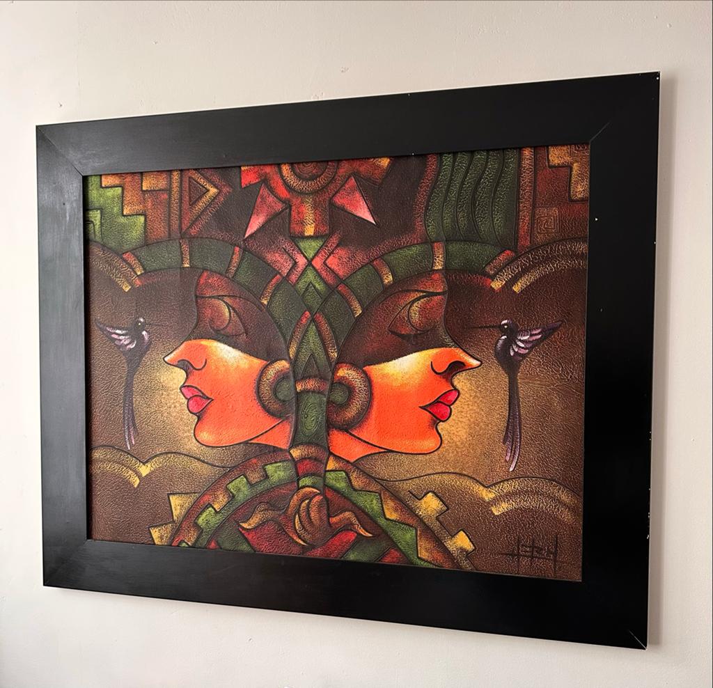 Mooi ingelijst kunstwerk met Azteekse/Maya-invloeden, Ophalen