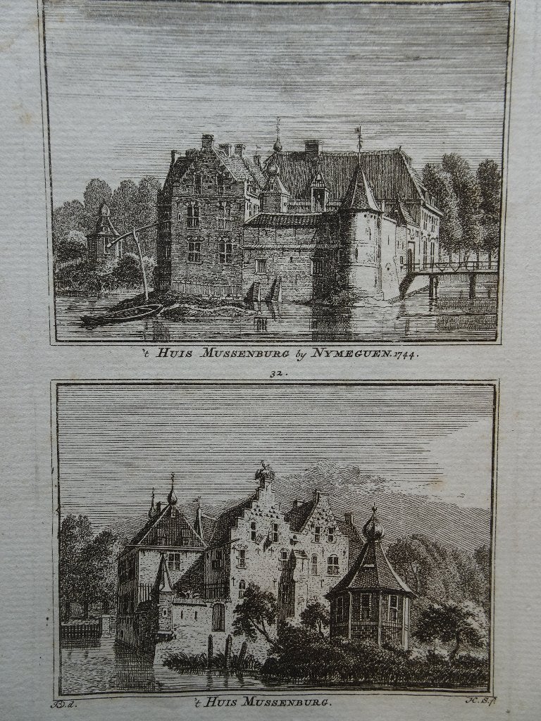 gravure huis Mussenburg bij Nijmegen, graveur Spilman, 1744, Stadsgezicht, Ophalen of Verzenden, Gravure, Origineel