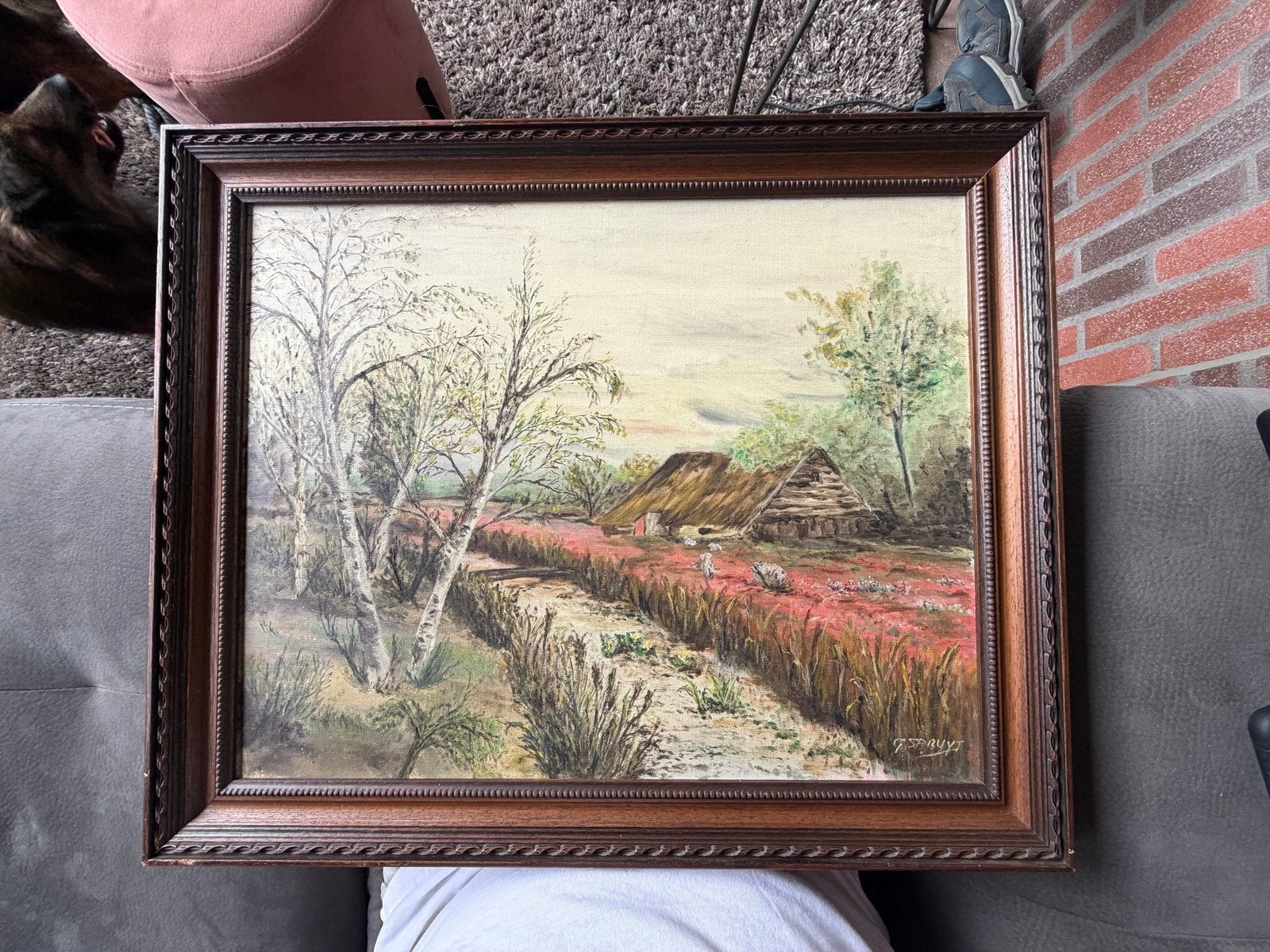 Schilderij Landschap met boerderij en berkenbomen, Antiek en Kunst, Kunst | Schilderijen | Klassiek, Doek, Realistisch, Ophalen of Verzenden