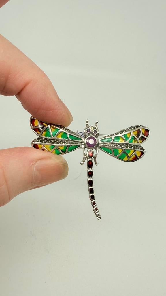 Zilveren libelle broche met inleg:glasemaille en marcasieten, Sieraden, Tassen en Uiterlijk, Broches, Verzenden, Nieuw, Zilver