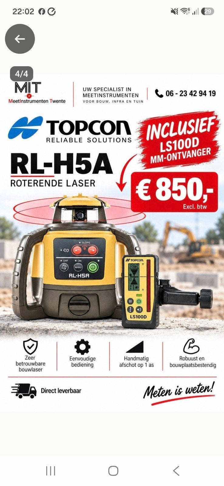 Aktie Topcon laser afschot en mm ontvanger, Doe-het-zelf en Verbouw, Ophalen of Verzenden