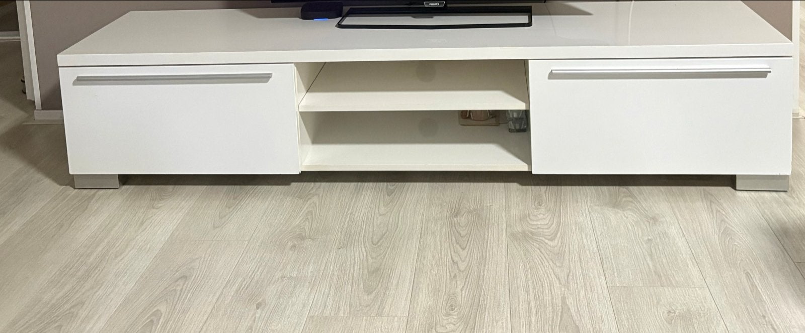 Witte tv-meubel met lades en open vakken, Ophalen, Gebruikt, 100 tot 150 cm, Minder dan 100 cm