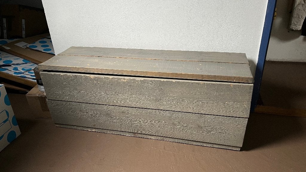 grijze houten opberg kist / bankje, Minder dan 50 cm, Gebruikt, 100 tot 150 cm, Ophalen of Verzenden