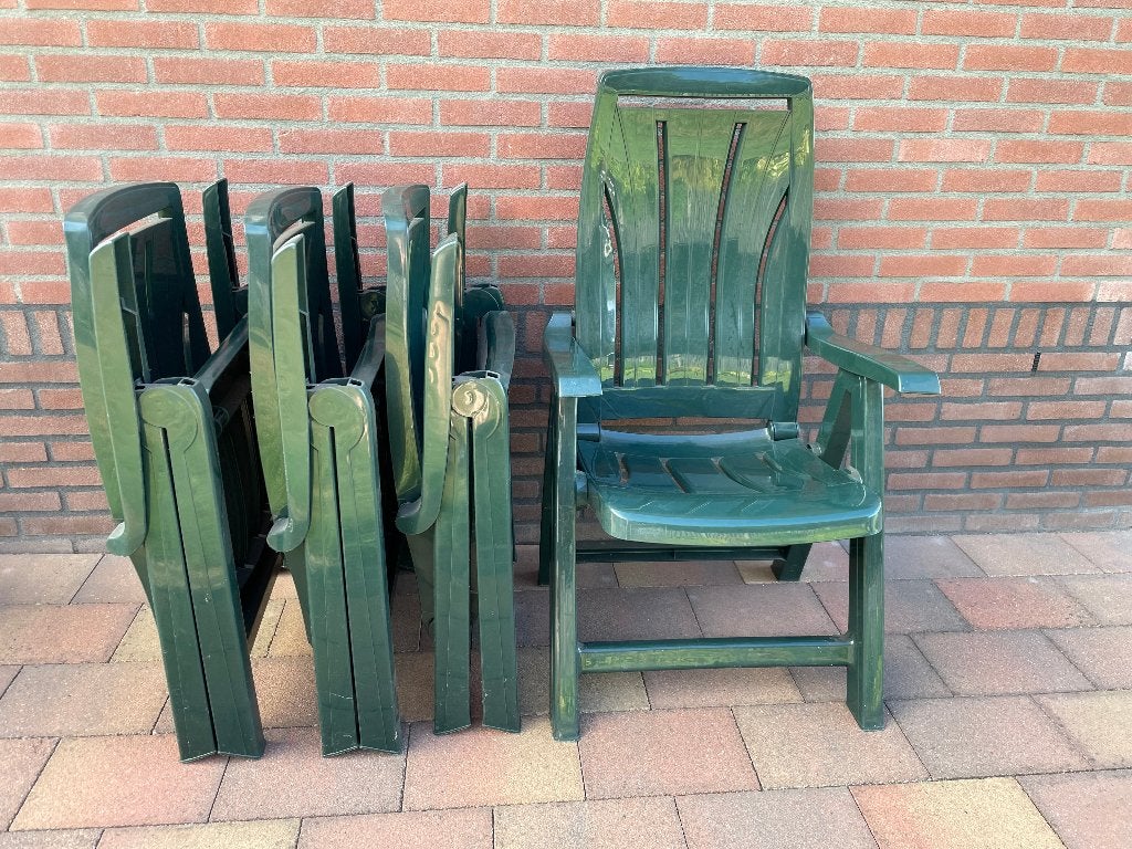 4 groene kunststof verstelbare tuinstoelen Curver + kussens, Ophalen, Zo goed als nieuw, Kunststof, Inklapbaar