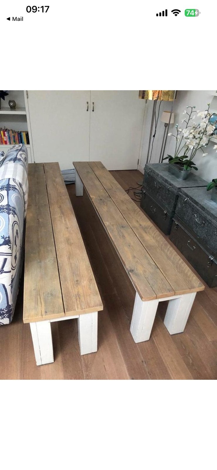 2 steigerhouten banken, Ophalen, 200 cm of meer, 50 tot 100 cm, Zo goed als nieuw