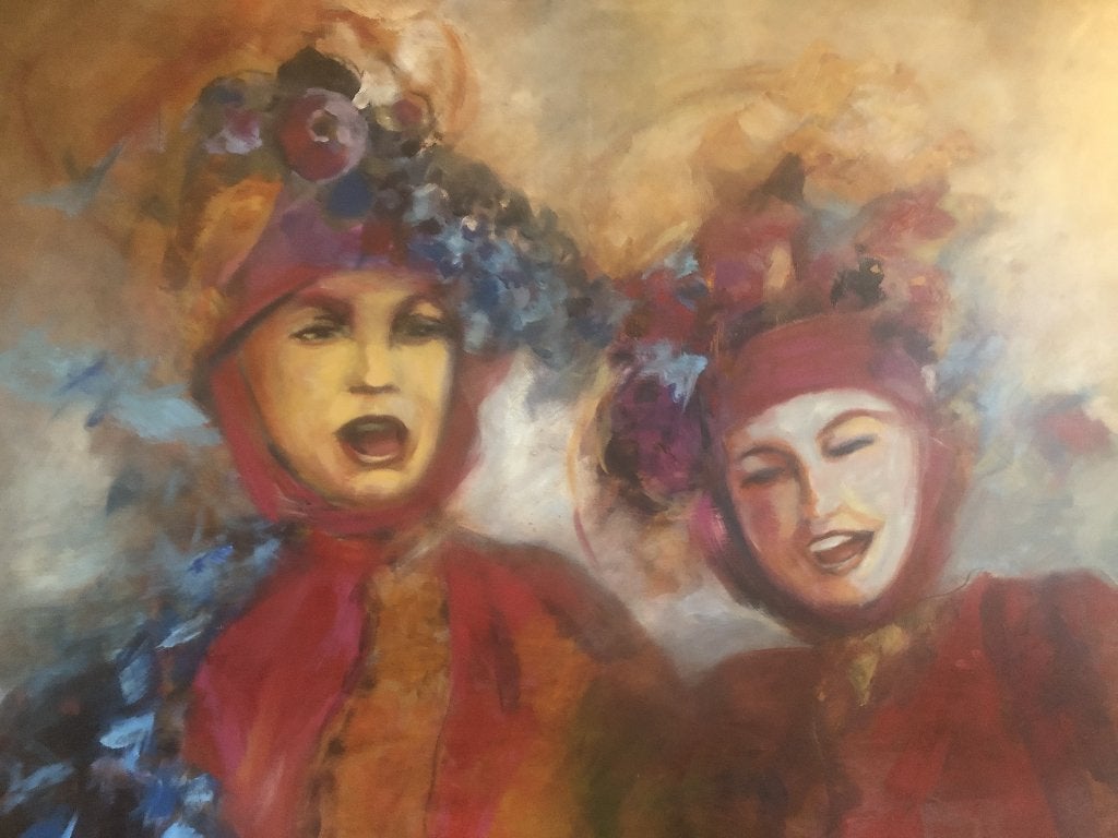 Schilderij “Carnaval” – Lidy Rooijmans – 120 x 100 cm, Figuren, Overige technieken, Textiel, Ophalen