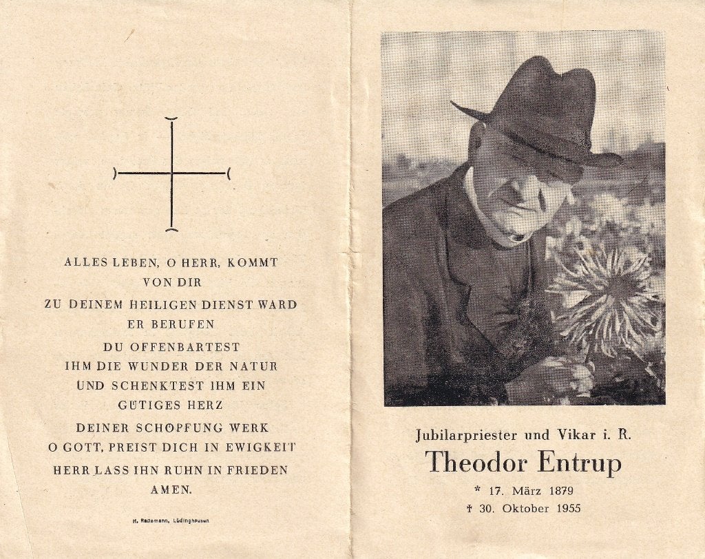 Entrup Theodor 1879 - 1955  Duitstalig  priester, Ophalen of Verzenden, Bidprentje