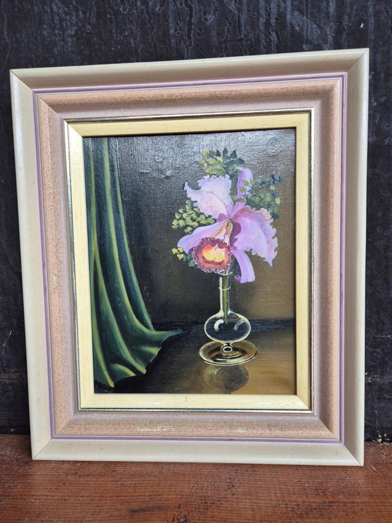 Vintage olieverfschilderij: Orchidee in vaas, Antiek en Kunst, Kunst | Schilderijen | Klassiek, Ophalen